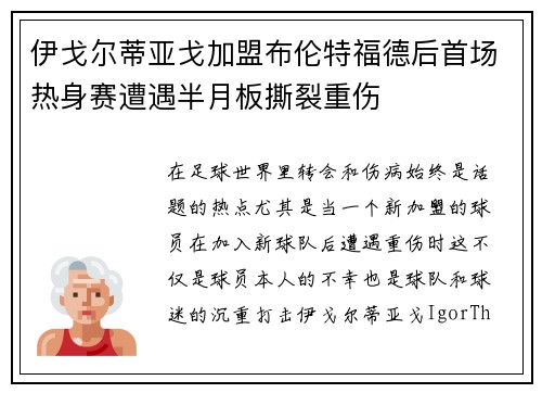 伊戈尔蒂亚戈加盟布伦特福德后首场热身赛遭遇半月板撕裂重伤