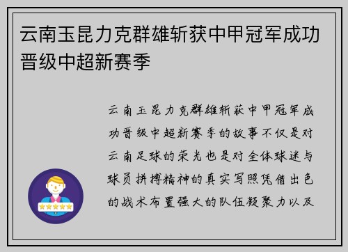 云南玉昆力克群雄斩获中甲冠军成功晋级中超新赛季